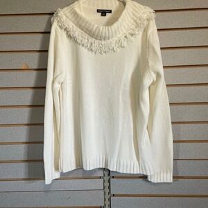 Designers Originals Cream Fringe Collar Knit Sweater Womens Large